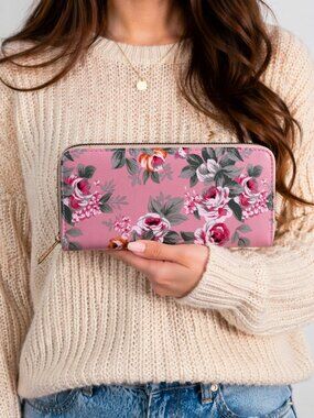 Pink Rose Floral Print Zip Wallet Clutch Easy to Hold and Carry 8 x4" - Hey Viv